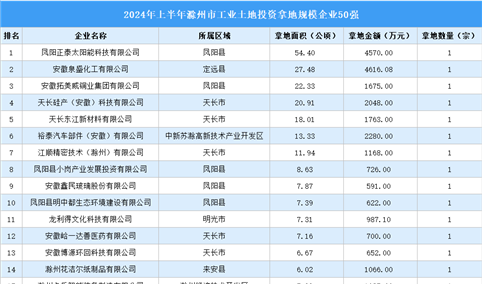 【产业投资情报】2024年上半年滁州工业土地投资50强企业总投资超4亿