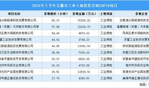 招商观察 | 2024年上半年安徽这十个工业项目土地投资规模最大