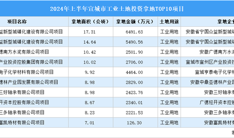 招商观察 | 2024年上半年宣城市这10个工业项目土地投资规模最大