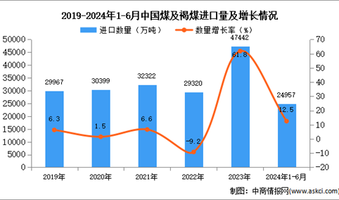 2024年1-6月中国煤及褐煤进口数据统计分析：进口量同比增长12.5%