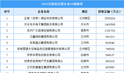 2023甘肃省民营企业50强名单（图）