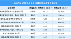 【投資關(guān)注】2024年1-7月青島市土地投資50強(qiáng)企業(yè)投資總金額超過(guò)12億（圖）