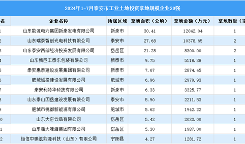 【投资追踪】2024年1-7月泰安市土地投资方面企业30强投资总额超7亿元（图）