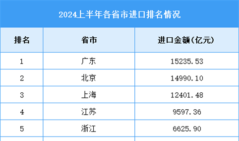 2024年1-6月全国各省市进口排名情况（附榜单）