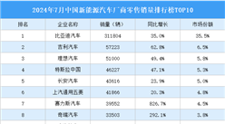 2024年7月中國(guó)新能源汽車廠商零售銷量排行榜TOP10（附榜單）