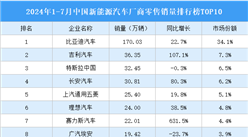 2024年1-7月中國(guó)新能源汽車廠商零售銷量排行榜TOP10（附榜單）