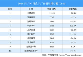 2024年7月中国皮卡厂商销量排行榜TOP10（附榜单）