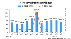 2024年7月中國糧食進口數據統計分析：進口金額同比下降0.1%