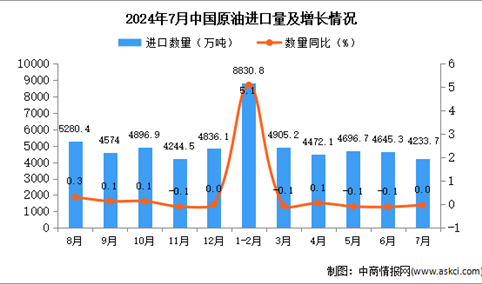 2024年7月中国原油进口数据统计分析：进口金额小幅增长