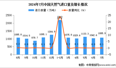 2024年7月中国天然气进口数据统计分析：进口量同比增长0.1%