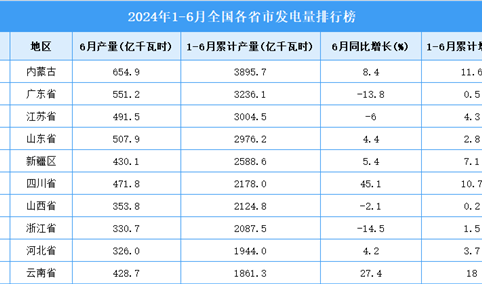 2024年上半年全国各省市发电量排行榜