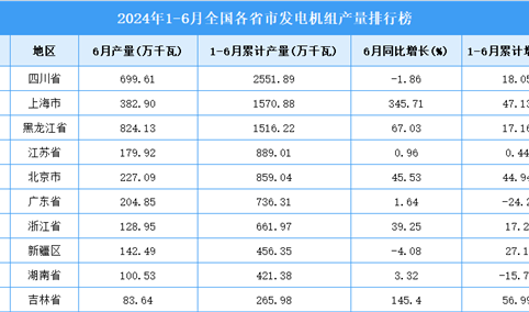 2024年上半年全国各省市发电机组产量排行榜