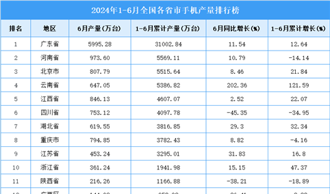 2024年上半年全国各省市手机产量排行榜