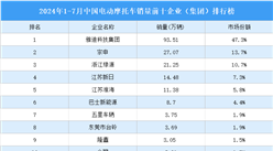 2024年1-7月中国电动摩托车销量前十企业（集团）排行榜