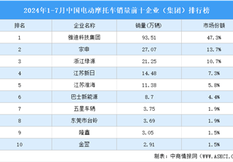 2024年1-7月中国电动摩托车销量前十企业（集团）排行榜