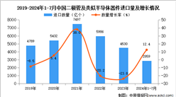 2024年1-7月中國二極管及類似半導體器件進口數據統計分析：進口量同比增長12.4%