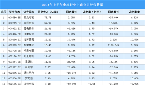 2024年上半年中国电机行业上市公司业绩排行榜（附榜单）