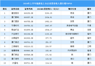 2024年上半年福建省上市公司营业收入排行榜（附榜单）