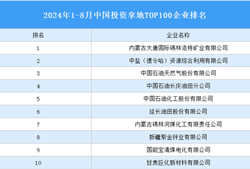 產(chǎn)業(yè)投資情報：2024年1-8月中國投資拿地TOP100企業(yè)排行榜（產(chǎn)業(yè)篇）