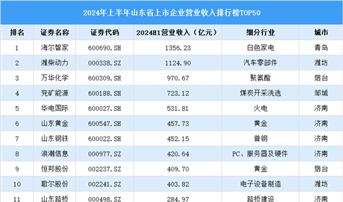 2024年上半年山东省上市公司营业收入排行榜（附榜单）