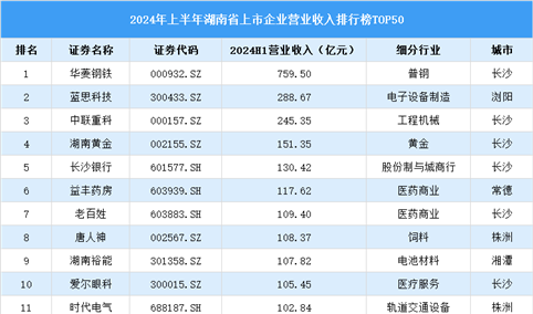 2024年上半年湖南省上市公司营业收入排行榜（附榜单）