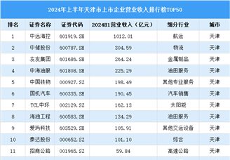 2024年上半年天津市上市公司营业收入排行榜（附榜单）