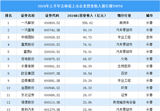 2024年上半年吉林省上市公司营业收入排行榜（附榜单）