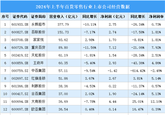 2024年上半年中国百货零售行业上市公司业绩排行榜（附榜单）