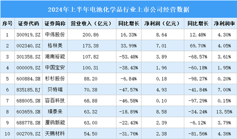 2024年上半年中国电池化学品行业上市公司业绩排行榜（附榜单）