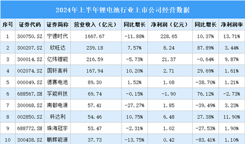 2024年上半年中国锂电池行业上市公司业绩排行榜（附榜单）