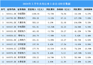 2024年上半年中國(guó)火電行業(yè)上市公司業(yè)績(jī)排行榜（附榜單）