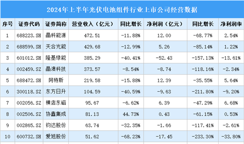 2024年上半年中国光伏电池组件行业上市公司业绩排行榜（附榜单）