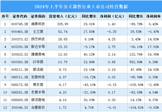 2024年上半年中國(guó)分立器件行業(yè)上市公司業(yè)績(jī)排行榜（附榜單）