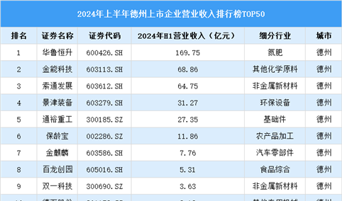 2024年上半年德州市上市企业营业收入排行榜（附榜单）