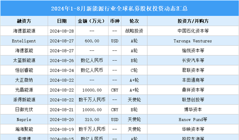 2024年1-8月全球新能源行业私募股权投资盘点（附投融资事件汇总）