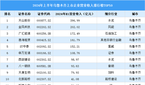 2024年上半年乌鲁木齐市上市企业营业收入排行榜（附榜单）