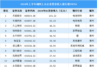 2024年上半年湖州市上市企业营业收入排行榜（附榜单）