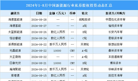 2024年1-8月中国新能源行业私募股权投资盘点（附投融资事件汇总）