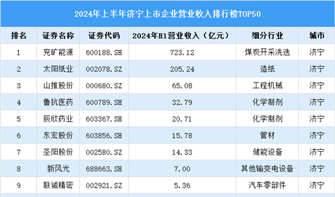 2024年上半年济宁市上市企业营业收入排行榜（附榜单）