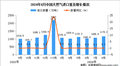 2024年8月中国天然气进口数据统计分析：进口量同比增长0.1%