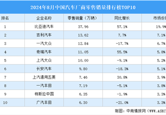 2024年8月中国汽车厂商零售销量排行榜TOP10（附榜单）