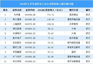 2024年上半年武汉市上市公司营业收入排行榜（附榜单）