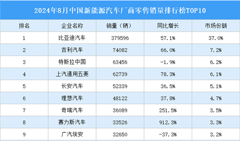 2024年8月中国新能源汽车厂商零售销量排行榜TOP10（附榜单）