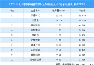 2024年8月中国磷酸铁锂动力电池企业装车量排行榜TOP10（附榜单）