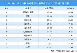 2024年1-8月中国电动摩托车销量前十企业（集团）排行榜（附榜单）