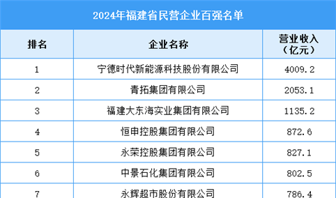 2024年福建省民营企业百强名单（附榜单）