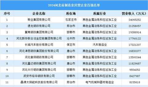 2024年河北省制造业民营企业百强名单（附榜单）