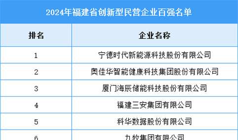 2024年福建省创新型民营企业百强名单（附榜单）