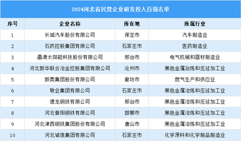 2024年河北省民营企业研发投入百强名单（附榜单）