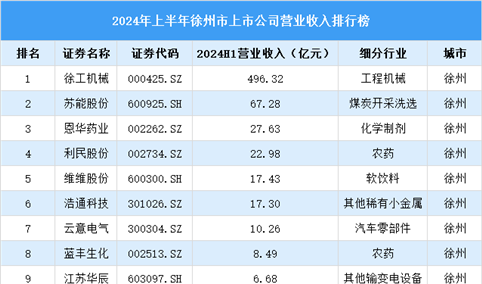 2024年上半年徐州市上市公司营业收入排行榜（附榜单）